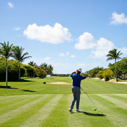 Caribbean Holidays, Cayman Golf Holidays, A golfer teeing off on a beautifully maintained Caribbean golf course in the Cayman Islands beneath a bright May sky