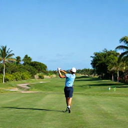 Caribbean Holidays, Cayman Golf Holidays, A golfer teeing off on a well-kept Cayman Islands fairway surrounded by tropical vegetation under a clear blue sky