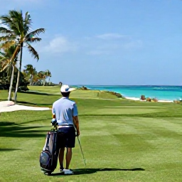 Caribbean Holidays, Cayman Golf Holidays, A relaxed golfer enjoying a Caribbean golf holiday in the Cayman Islands with a golf bag, palm trees and turquoise water nearby