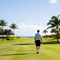 Caribbean Holidays, Cayman Golf Holidays, A relaxed golfer walking from a Cayman Islands golf course towards a tropical resort, with palm trees and sunshine