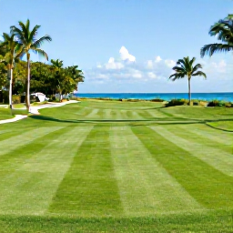 Caribbean Holidays, Cayman Golf Holidays, A scenic Caribbean golf course on Grand Cayman with lush fairways, palm trees and bright blue sea in the distance
