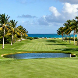 Caribbean Holidays, Cayman Golf Holidays, A scenic Cayman Islands golf course with palm trees, lush fairways, water features and the Caribbean Sea in the background
