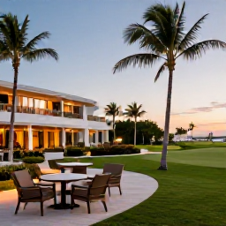 Caribbean Holidays, Cayman Golf Holidays, A stylish Caribbean resort near a golf course on Grand Cayman, with palm trees, outdoor seating and evening light