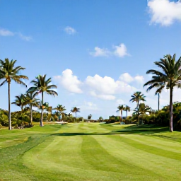 Caribbean Holidays, Cayman Golf Holidays, A sunny Caribbean golf course in the Cayman Islands in February, with palm trees, green fairways and a bright blue sky