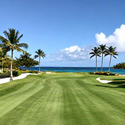 Caribbean Holidays, Cayman Golf Holidays, A sunny Caribbean golf course in the Cayman Islands with palm trees, green fairways and blue sea in the background