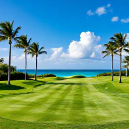 Caribbean Holidays, Cayman Golf Holidays, A sunny championship golf course in Grand Cayman in November, with palm trees, vivid green fairways and blue Caribbean sea in the distance