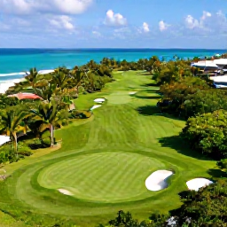 Caribbean Holidays, Cayman Golf Holidays, Aerial view of Grand Cayman golf course surrounded by tropical greenery and bright Caribbean sea