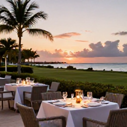 Caribbean Holidays, Cayman Golf Holidays, An elegant Cayman Islands sunset dining scene beside the sea, with outdoor tables, soft evening light and tropical surroundings