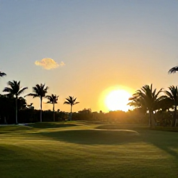 Caribbean Holidays, Cayman Golf Holidays, Golden sunset over a Grand Cayman golf resort and palm-lined Caribbean landscape, inviting and peaceful holiday atmosphere
