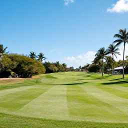 Caribbean Holidays, Cayman Golf Holidays, Golfer teeing off on a manicured tropical fairway in Grand Cayman under a sunny July sky