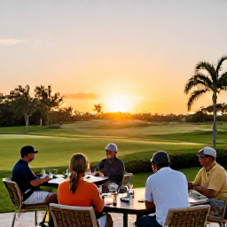 Caribbean Holidays, Cayman Golf Holidays, Golfers enjoying a friendly outdoor clubhouse terrace overlooking a Caribbean golf course at sunset