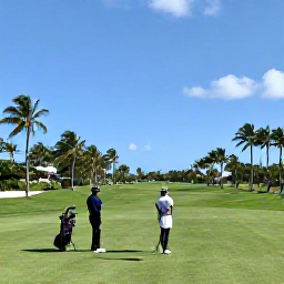 Caribbean Holidays, Cayman Golf Holidays, Golfers preparing to play on a tropical Grand Cayman course, with golf bags, palm trees and clear Caribbean skies