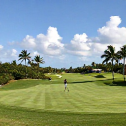 Caribbean Holidays, Cayman Golf Holidays, Golfers preparing to tee off on a manicured Grand Cayman course beneath a bright blue sky, with tropical landscaping and palm trees