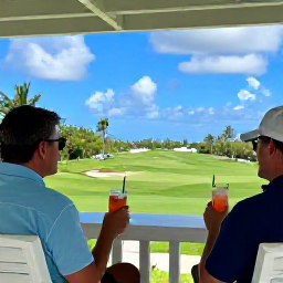 Caribbean Holidays, Cayman Golf Holidays, Golfers relaxing with cool drinks on a shaded terrace overlooking a Caribbean golf course in Grand Cayman