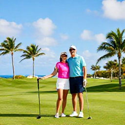 Caribbean Holidays, Cayman Golf Holidays, Happy couple with golf clubs beside a tropical Grand Cayman course, with palm trees and bright blue sky