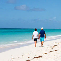 Caribbean Holidays, Cayman Golf Holidays, Relaxed couple walking along Seven Mile Beach in Grand Cayman after a day of golf, with turquoise sea and soft sand