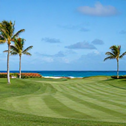 Caribbean Holidays, Cayman Golf Holidays, Scenic view of a Cayman Islands golf course with palm trees, landscaped greens and blue Caribbean water in the distance
