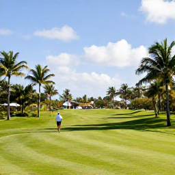 Caribbean Holidays, Cayman Golf Holidays, Tropical Caribbean golf course with palm trees, lush fairways and a golfer walking towards the green