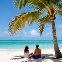 Caribbean Holidays, Cayman Honeymoons, A couple enjoying a quiet picnic beneath palm trees beside the turquoise water of Seven Mile Beach, Cayman Islands