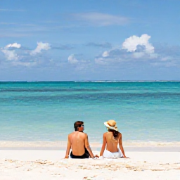 Caribbean Holidays, Cayman Honeymoons, A newlywed couple relaxing on Seven Mile Beach in Grand Cayman during a bright July afternoon, calm turquoise sea and soft white sand