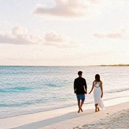 Caribbean Holidays, Cayman Honeymoons, A newlywed couple walking along Seven Mile Beach in Grand Cayman at sunset, calm turquoise sea and soft golden light