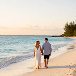 Caribbean Holidays, Cayman Honeymoons, A newlywed couple walking barefoot along Seven Mile Beach in the warm early evening, turquoise sea and soft golden light, Cayman Islands