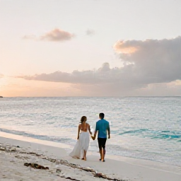 Caribbean Holidays, Cayman Honeymoons, A newlywed couple walking hand in hand along Seven Mile Beach in the Cayman Islands at sunset, calm turquoise sea and soft golden light