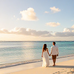 Caribbean Holidays, Cayman Honeymoons, A newlywed couple walking hand in hand along Seven Mile Beach in the Cayman Islands at sunset, calm turquoise water and soft golden light