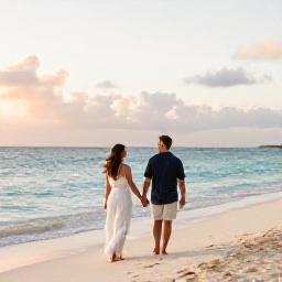 Caribbean Holidays, Cayman Honeymoons, A newlywed couple walking hand in hand along Seven Mile Beach in the Cayman Islands at sunset, with calm turquoise sea and soft golden light