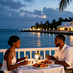 Caribbean Holidays, Cayman Honeymoons, Candlelit table for two at a waterside restaurant in Grand Cayman, with fresh seafood and evening lights