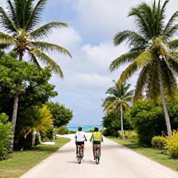 Caribbean Holidays, Cayman Honeymoons, Couple exploring quiet Cayman Islands coastal road and lush tropical landscape, bicycles and relaxed island scenery
