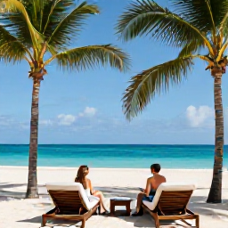 Caribbean Holidays, Cayman Honeymoons, Couple relaxing at a stylish Grand Cayman beach resort, palm trees, turquoise sea and comfortable sun loungers