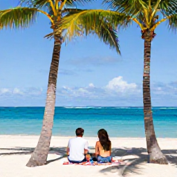 Caribbean Holidays, Cayman Honeymoons, Couple relaxing beneath palm trees on a quiet Caribbean beach in Grand Cayman, bright blue water and a casual beach picnic