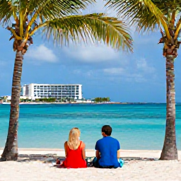 Caribbean Holidays, Cayman Honeymoons, Couple relaxing on a quiet Grand Cayman beach with palm trees, bright blue water and a luxury beachfront hotel in the background