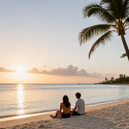 Caribbean Holidays, Cayman Honeymoons, Couple relaxing on Seven Mile Beach at sunset with calm Caribbean water, soft golden light and palm trees