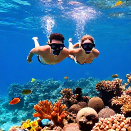 Caribbean Holidays, Cayman Honeymoons, Couple snorkelling above a colourful coral reef with tropical fish in clear Caribbean water near Grand Cayman