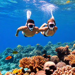 Caribbean Holidays, Cayman Honeymoons, Couple snorkelling above colourful coral reef with tropical fish in clear Cayman Islands water, bright underwater scene