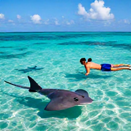 Caribbean Holidays, Cayman Honeymoons, Couple snorkelling in the clear shallow water at Stingray City in Grand Cayman, friendly stingrays and a sunny turquoise lagoon