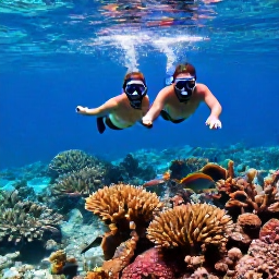 Caribbean Holidays, Cayman Honeymoons, Couple snorkelling together above colourful coral and tropical fish in clear Caribbean water near Grand Cayman