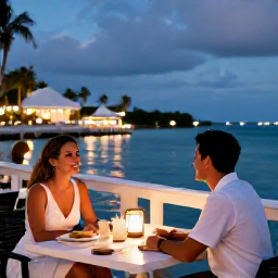 Caribbean Holidays, Cayman Honeymoons, Honeymoon couple enjoying a relaxed evening at a waterfront restaurant in George Town, Grand Cayman