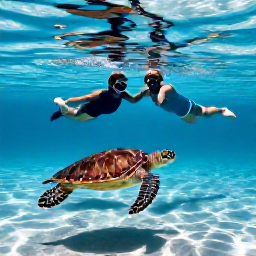 Caribbean Holidays, Cayman Honeymoons, Honeymoon couple snorkelling with colourful tropical fish and a sea turtle in clear Cayman Islands water