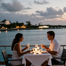 Caribbean Holidays, Cayman Honeymoons May, Couple enjoying an elegant open-air dinner at a waterfront restaurant in Grand Cayman at dusk