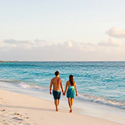 Caribbean Holidays, Cayman Honeymoons May, Couple walking hand in hand along Seven Mile Beach at sunset, clear Caribbean water and soft golden light