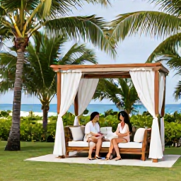 Caribbean Holidays, Cayman Honeymoons May, Newlywed couple in a calm tropical resort garden in the Cayman Islands, palm trees and comfortable shaded seating