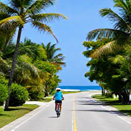 Caribbean Holidays, Cayman Honeymoons, Newlywed couple cycling through a quiet tropical road in Grand Cayman, lush vegetation, bright April sunshine and island scenery