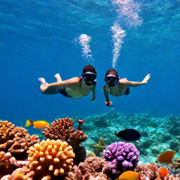 Caribbean Holidays, Cayman Honeymoons, Newlywed couple snorkelling over colourful coral reef with tropical fish in clear Cayman Islands water