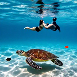 Caribbean Holidays, Cayman Honeymoons, Newlywed couple snorkelling with colourful tropical fish and a sea turtle in clear shallow water near Grand Cayman