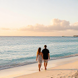 Caribbean Holidays, Cayman Honeymoons, Newlywed couple walking barefoot along Seven Mile Beach at sunset, calm turquoise sea, soft golden light, Grand Cayman