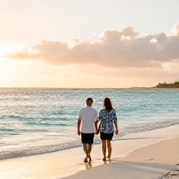 Caribbean Holidays, Cayman Honeymoons, Newlywed couple walking barefoot along Seven Mile Beach in Grand Cayman at sunset, calm turquoise sea and soft golden light