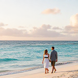 Caribbean Holidays, Cayman Honeymoons, Newlywed couple walking hand in hand along Seven Mile Beach in Grand Cayman at sunset, calm turquoise sea and soft golden light